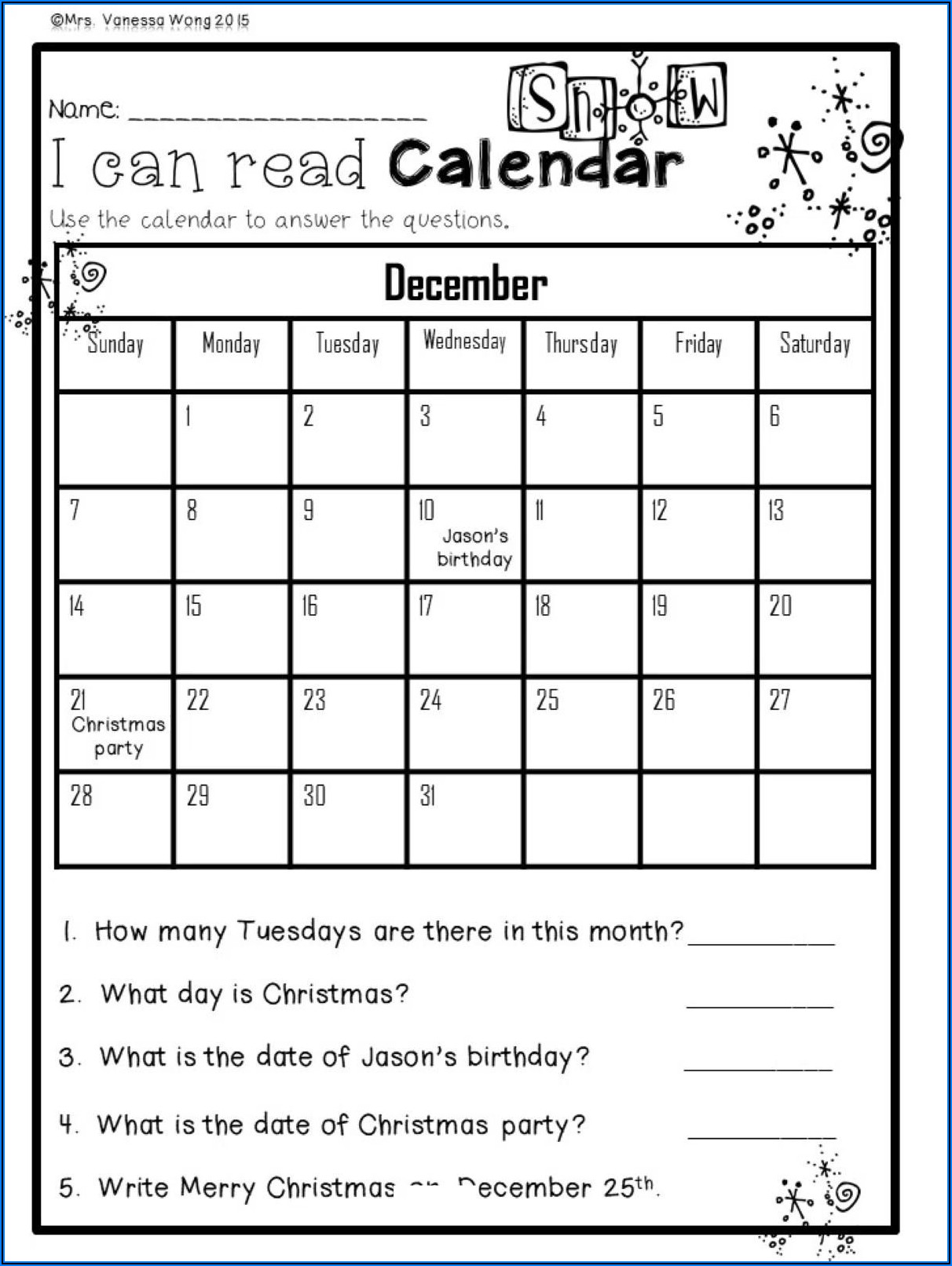 First Grade Calendar Worksheets For Grade 1