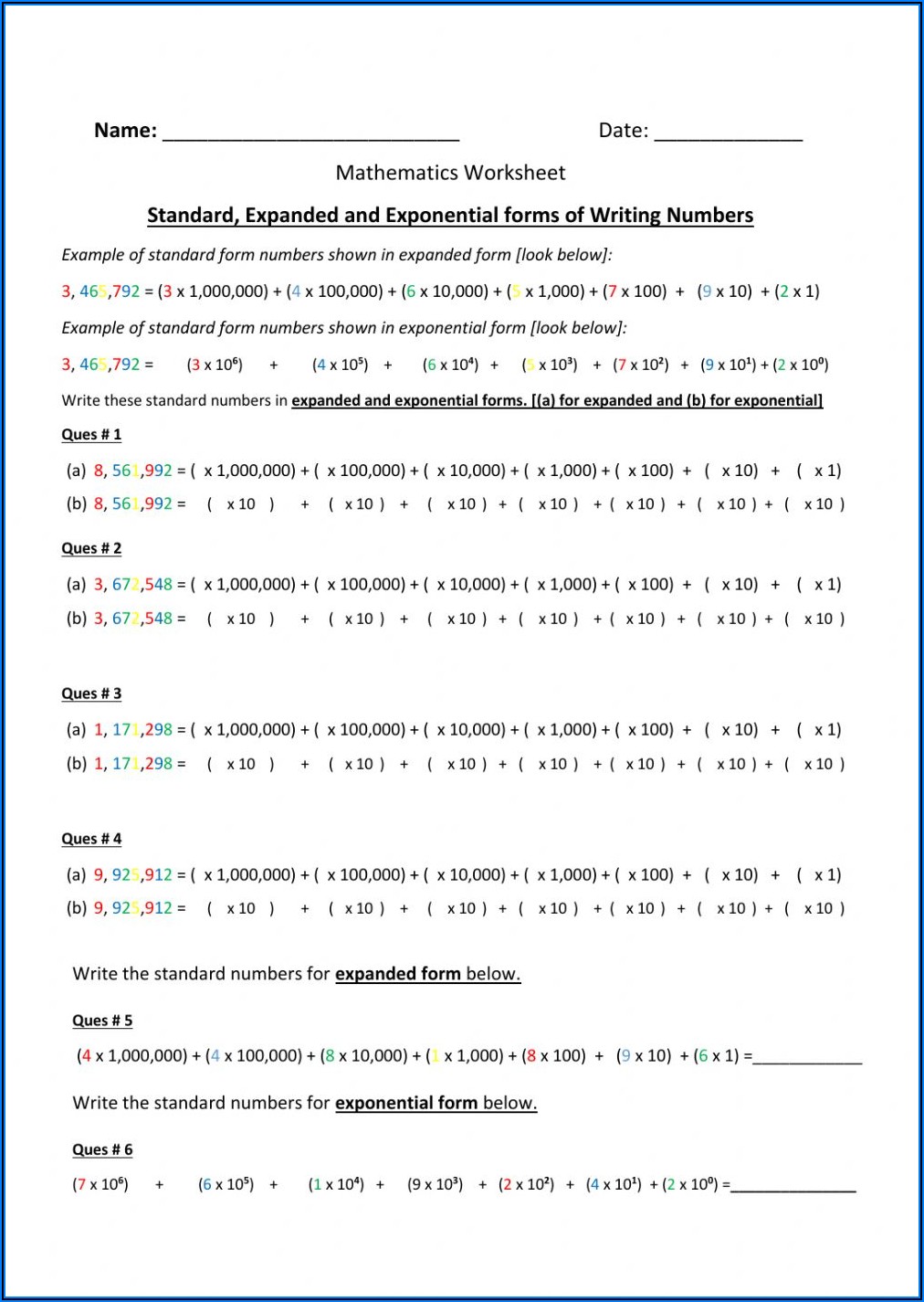 Forms Of Numbers Worksheet