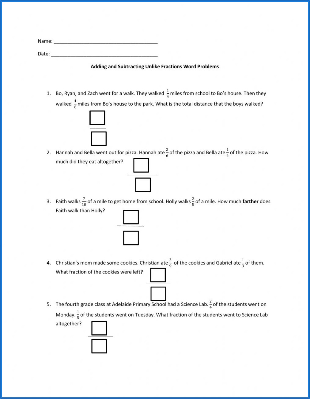 Fraction Addition And Subtraction Word Problems Worksheet