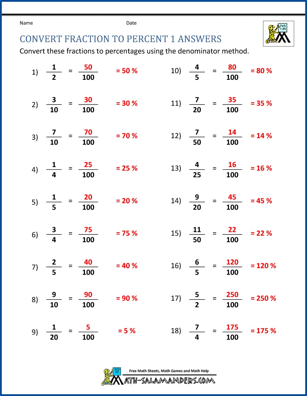 Fractions To Percentages Worksheet Pdf