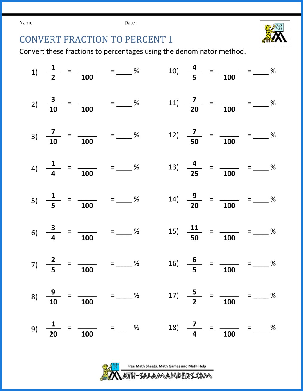 Fractions To Percentages Worksheet Year 6