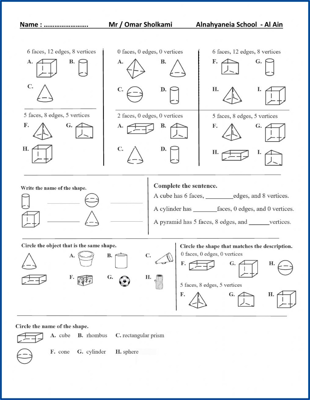 Grade 2 Math Worksheets 3d Shapes