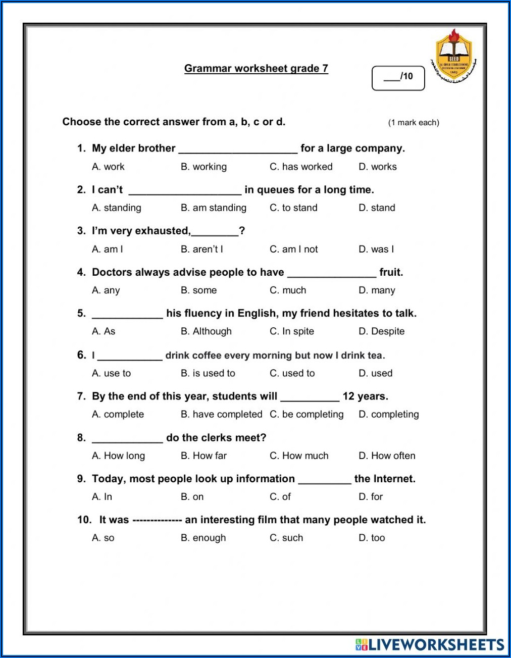 Grade 7 English Worksheets Pdf With Answers