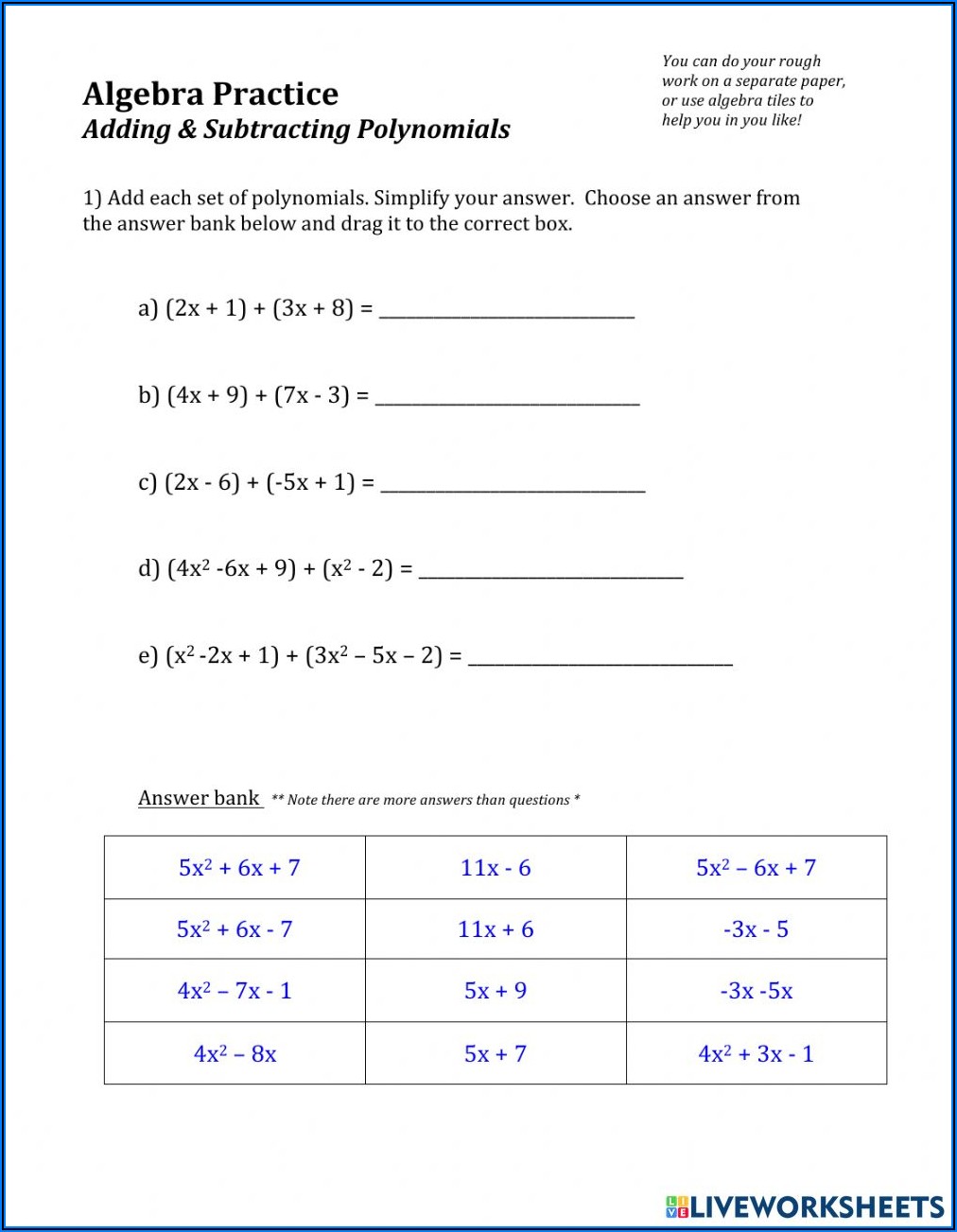Grade 9 Academic Math Polynomials Worksheets