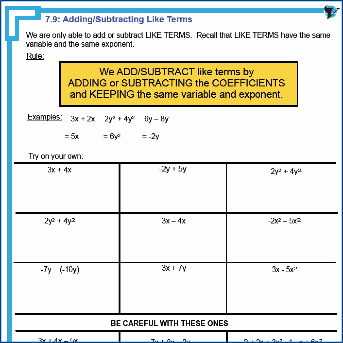 Grade 9 Adding And Subtracting Polynomials Worksheet