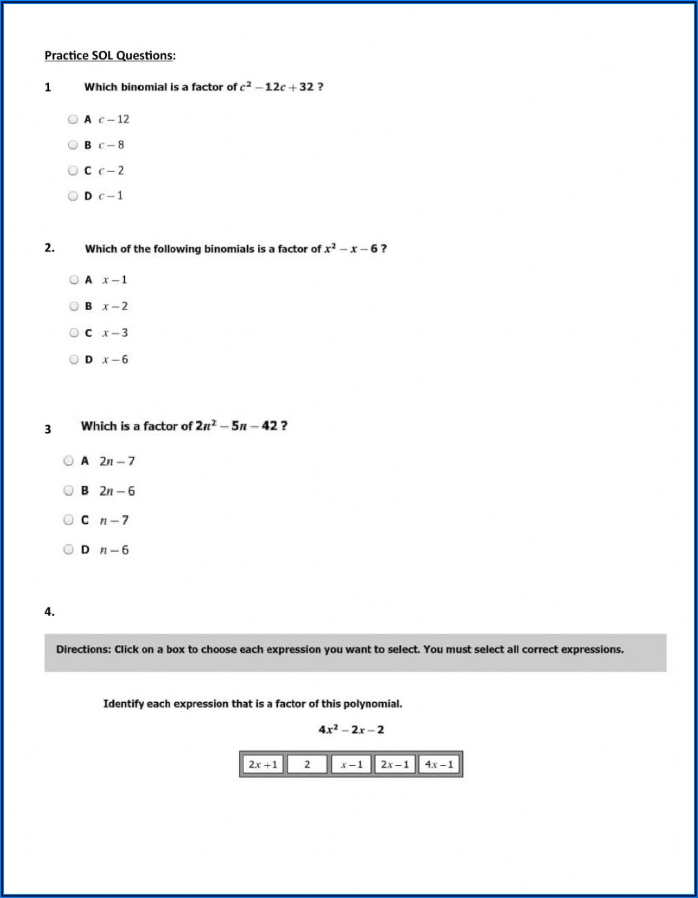 Grade 9 Factoring Polynomials Worksheet
