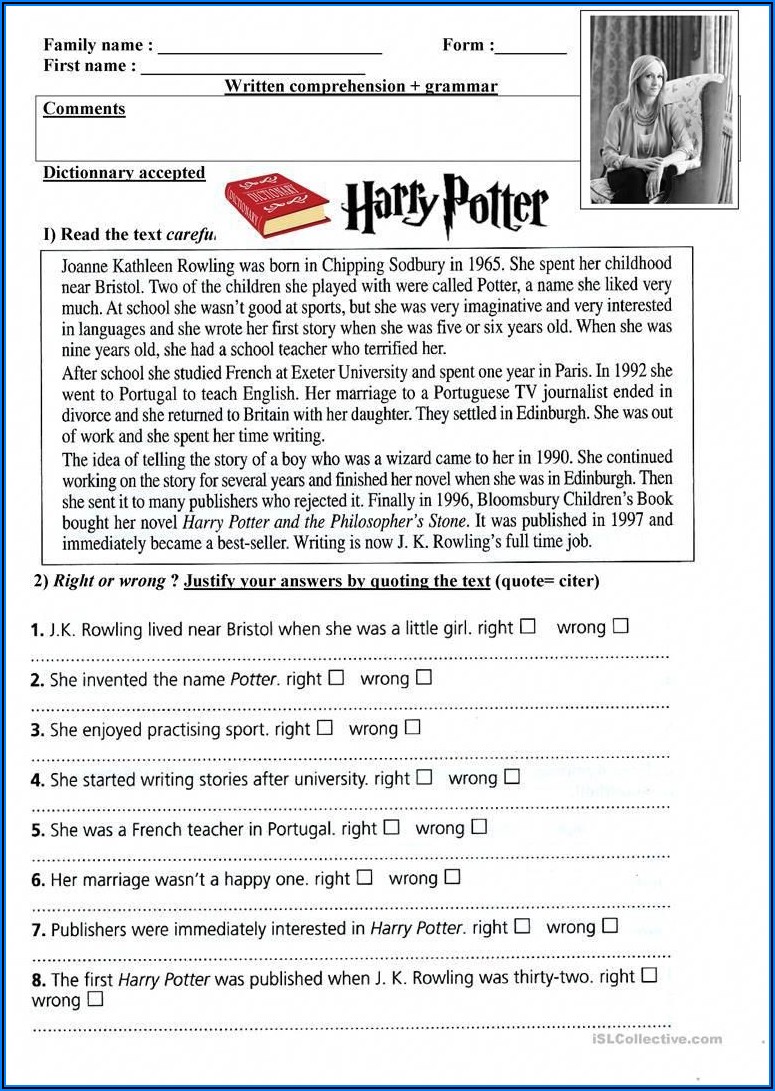 Harry Potter Comprehension Worksheets