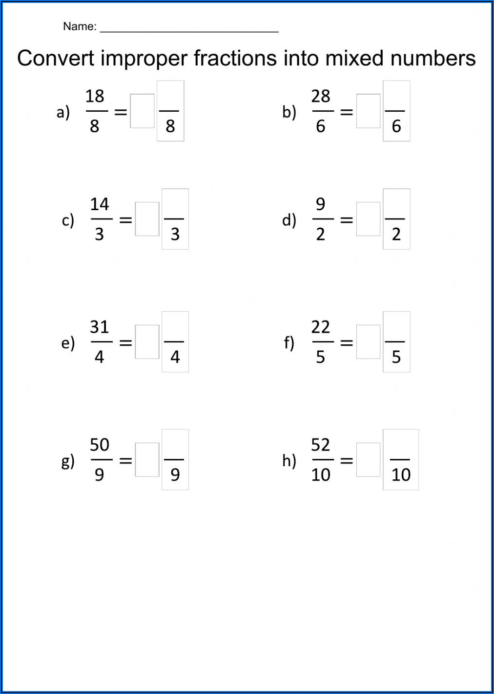 Improper Fraction Into Mixed Numbers Worksheet