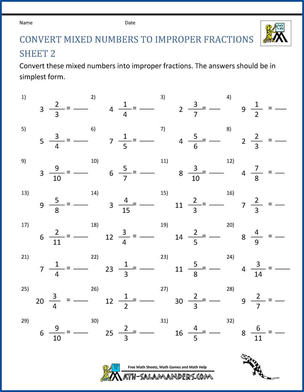 Improper Fraction To Mixed Number Worksheet Pdf