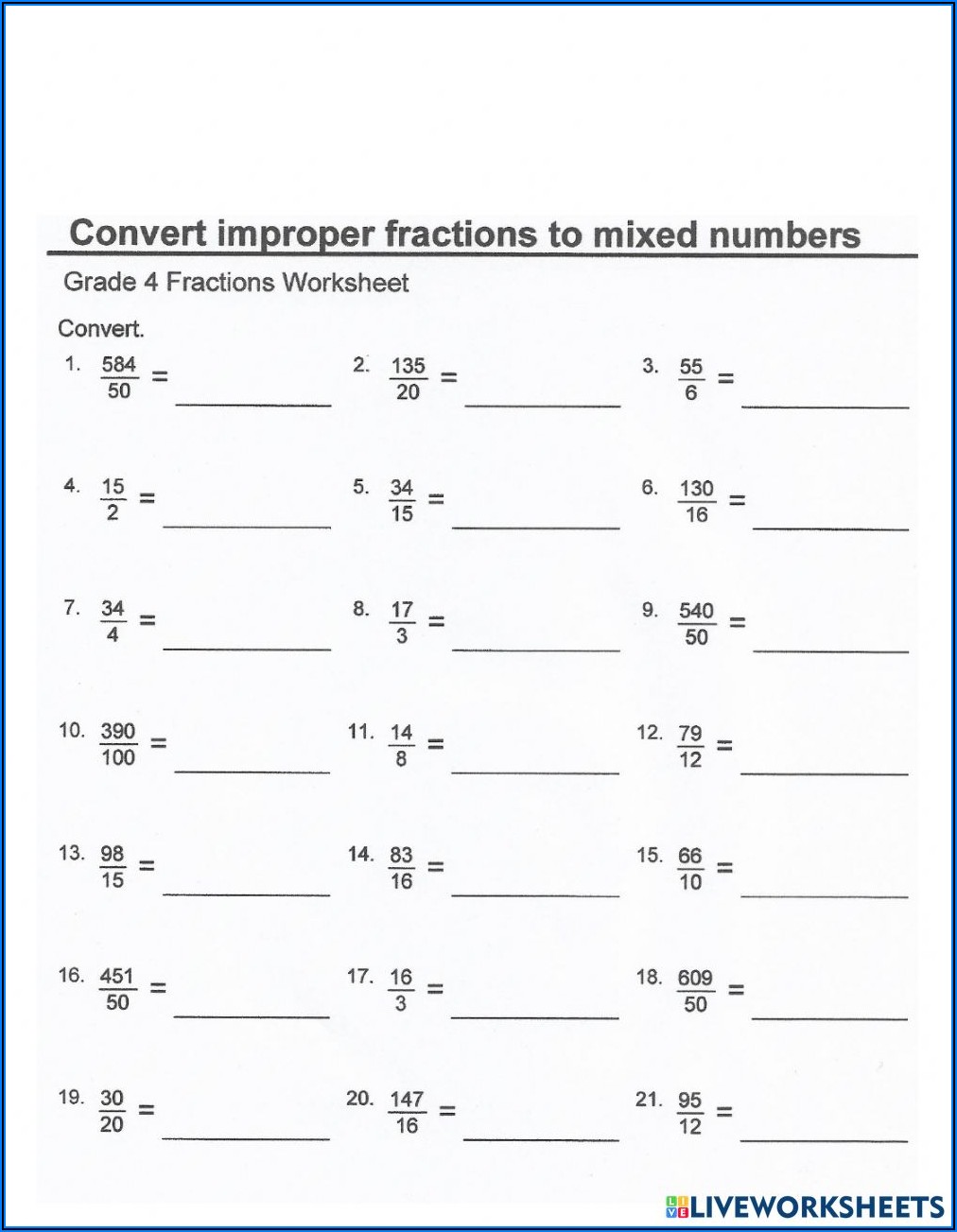 Improper Fraction To Mixed Number Worksheet With Answers