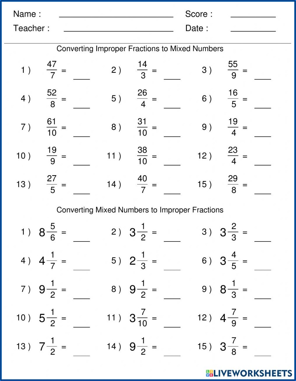 Improper Fraction To Mixed Numbers Worksheet Grade 4
