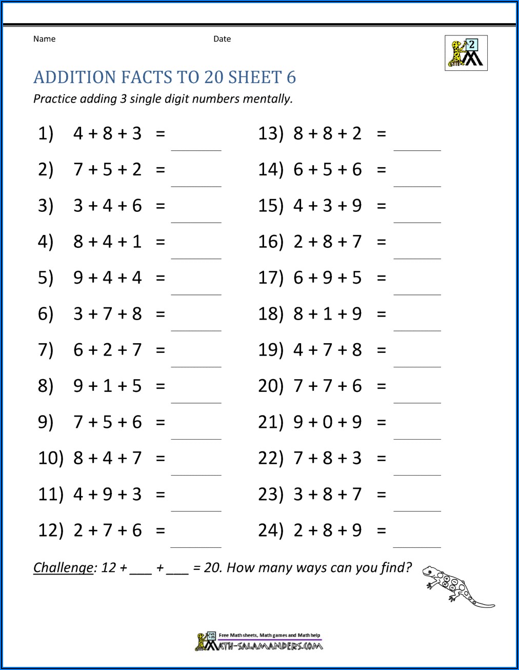 Math Addition Worksheets Sums To 20