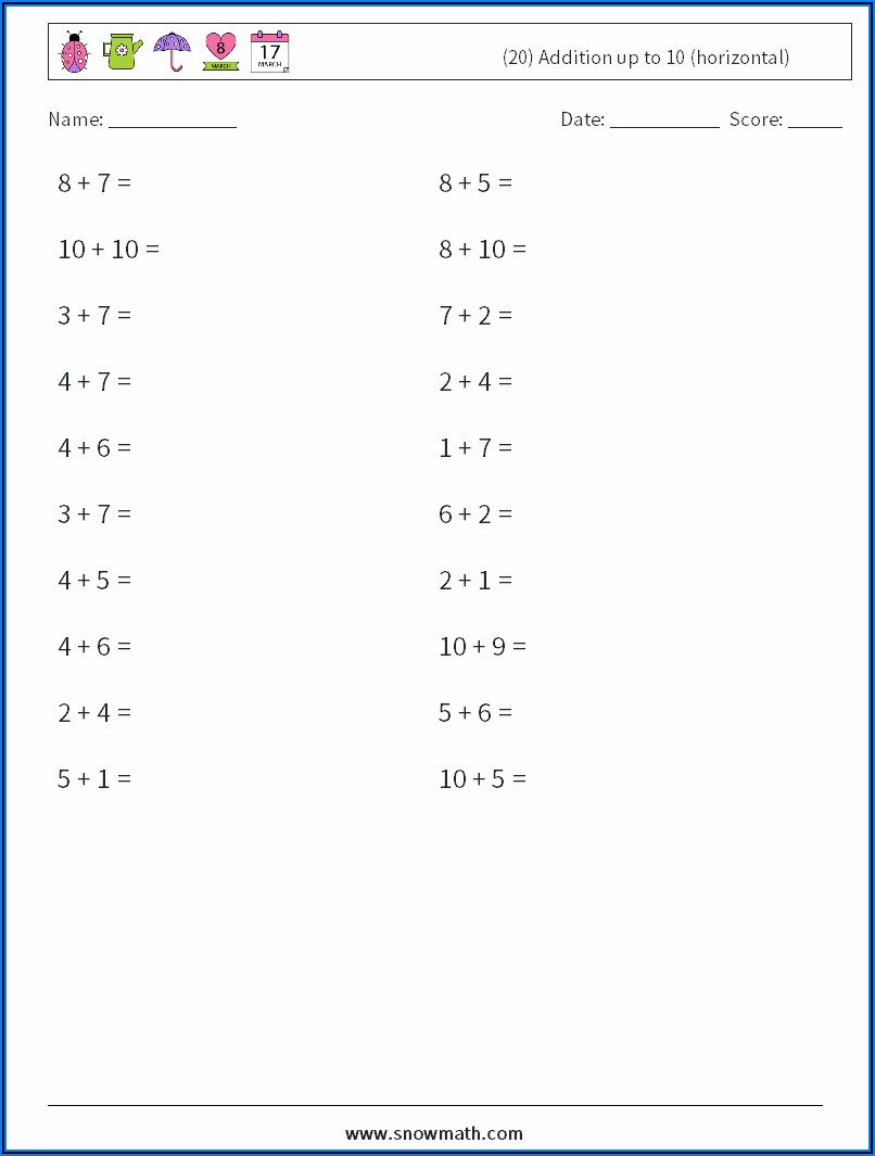 Math Addition Worksheets Up To 20