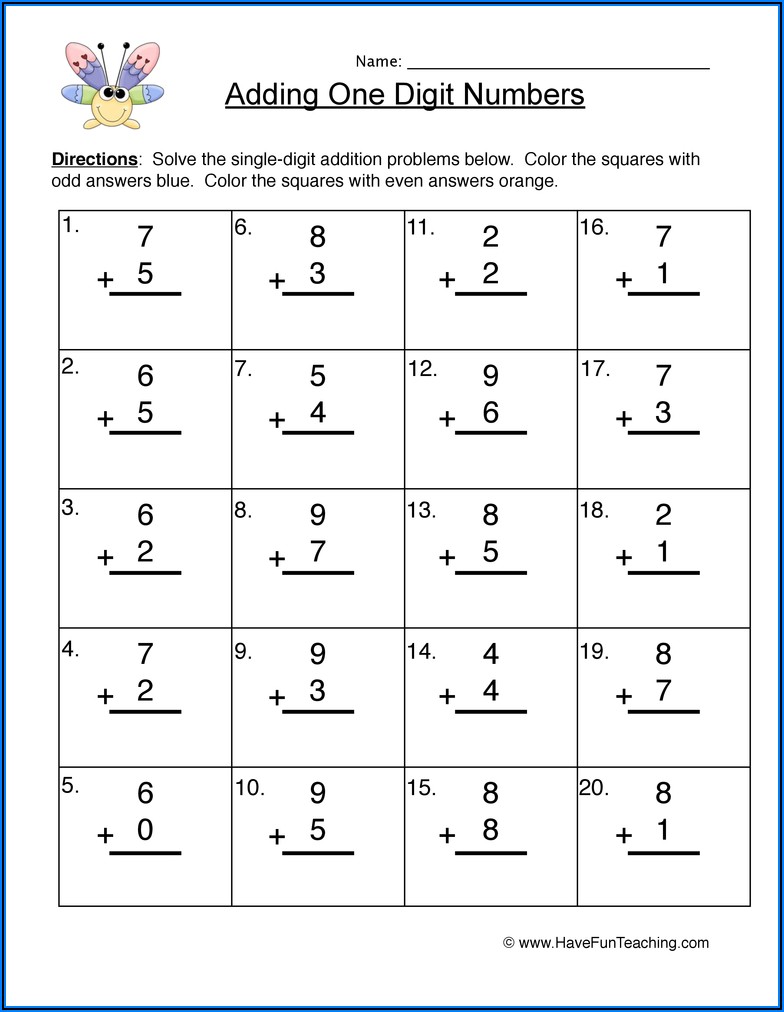 Math Worksheets Adding One Digit Numbers