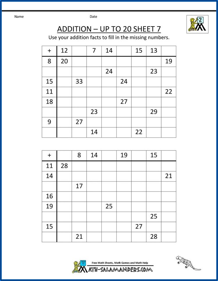 Math Worksheets Addition Facts To 20