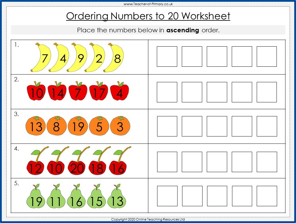 Maths Worksheets Ordering Numbers To 20