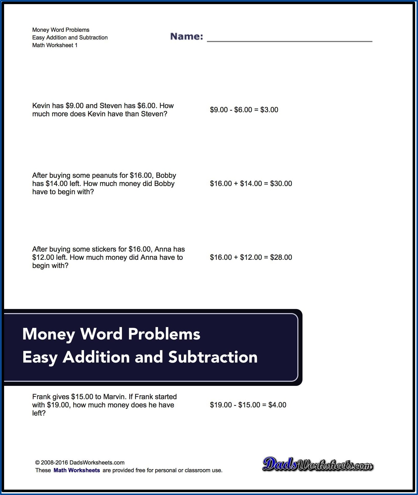 Money Word Problems Addition And Subtraction Worksheets