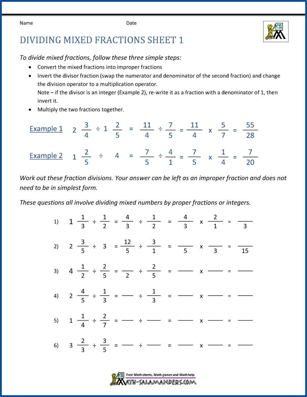 Multiply And Divide Fractions And Mixed Numbers Worksheet