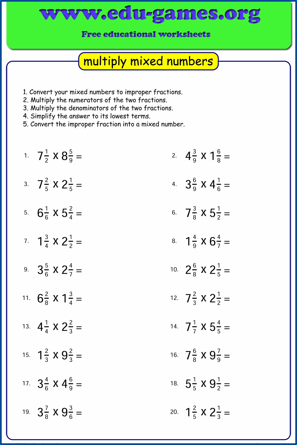 Multiplying And Dividing Mixed Numbers Worksheet With Answers