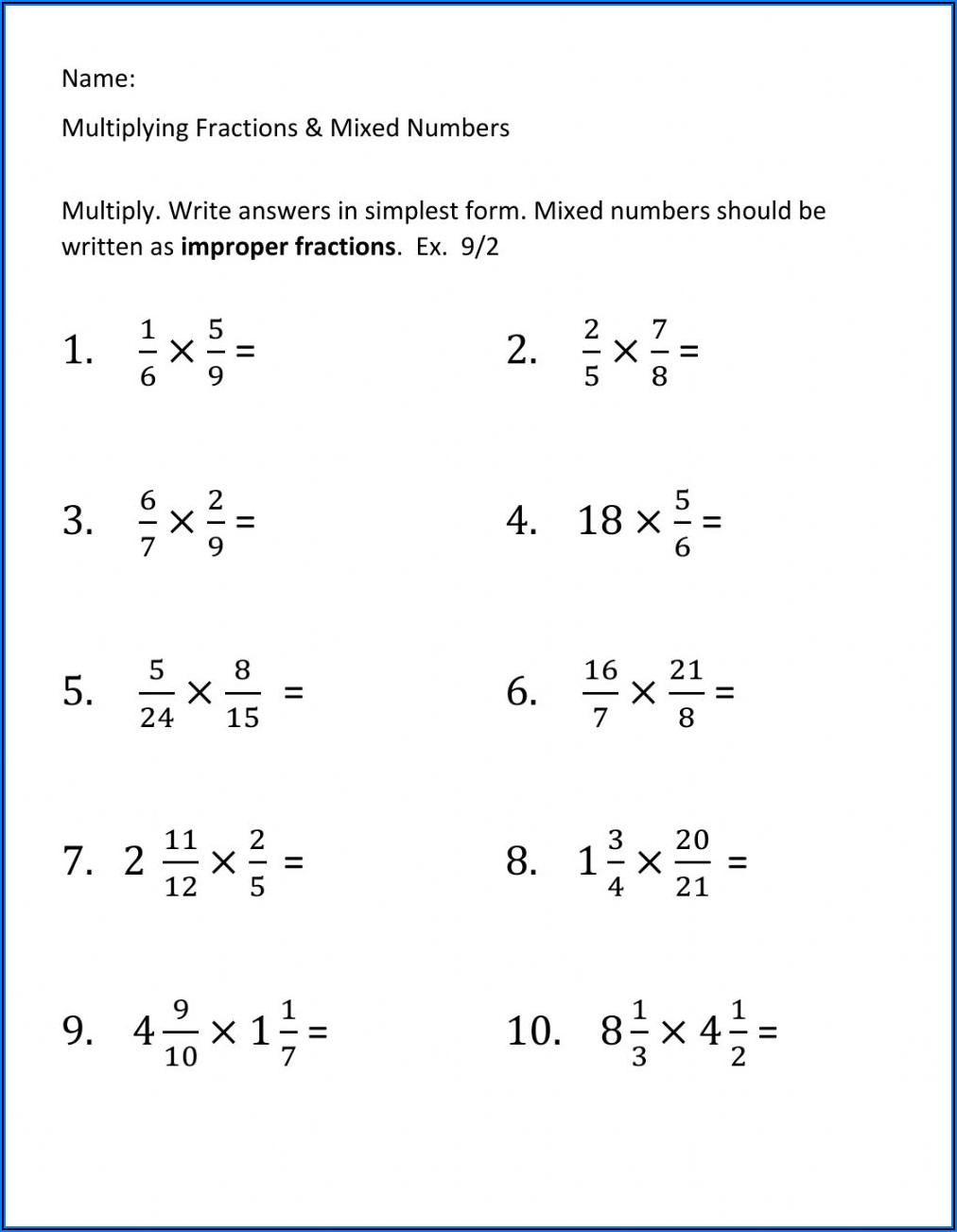 Multiplying Fractions And Mixed Numbers Worksheet With Answers
