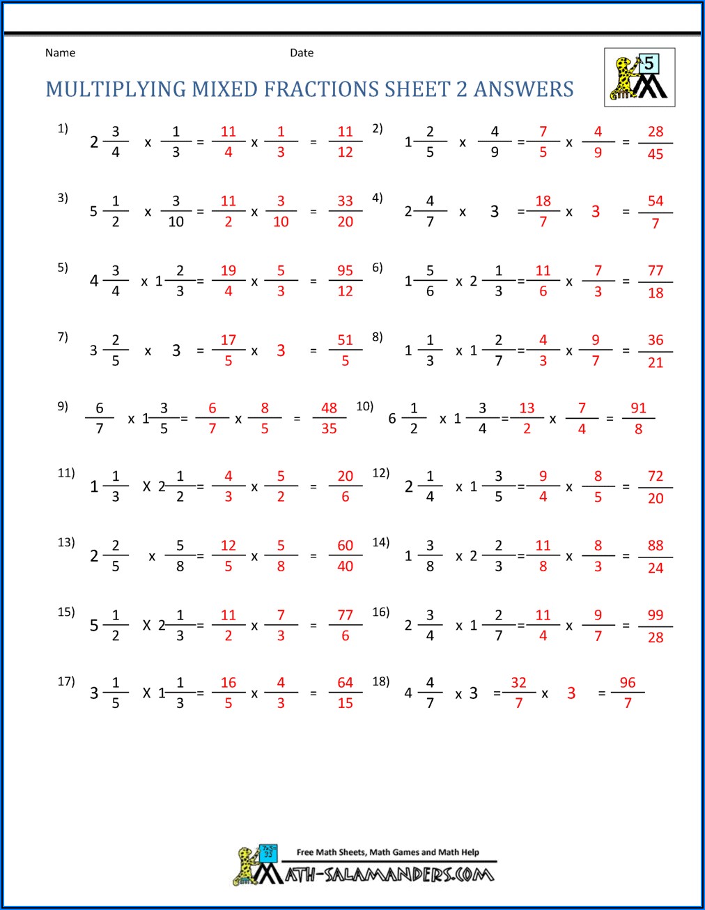 Multiplyingdividing Fractions And Mixed Numbers Worksheet Answers