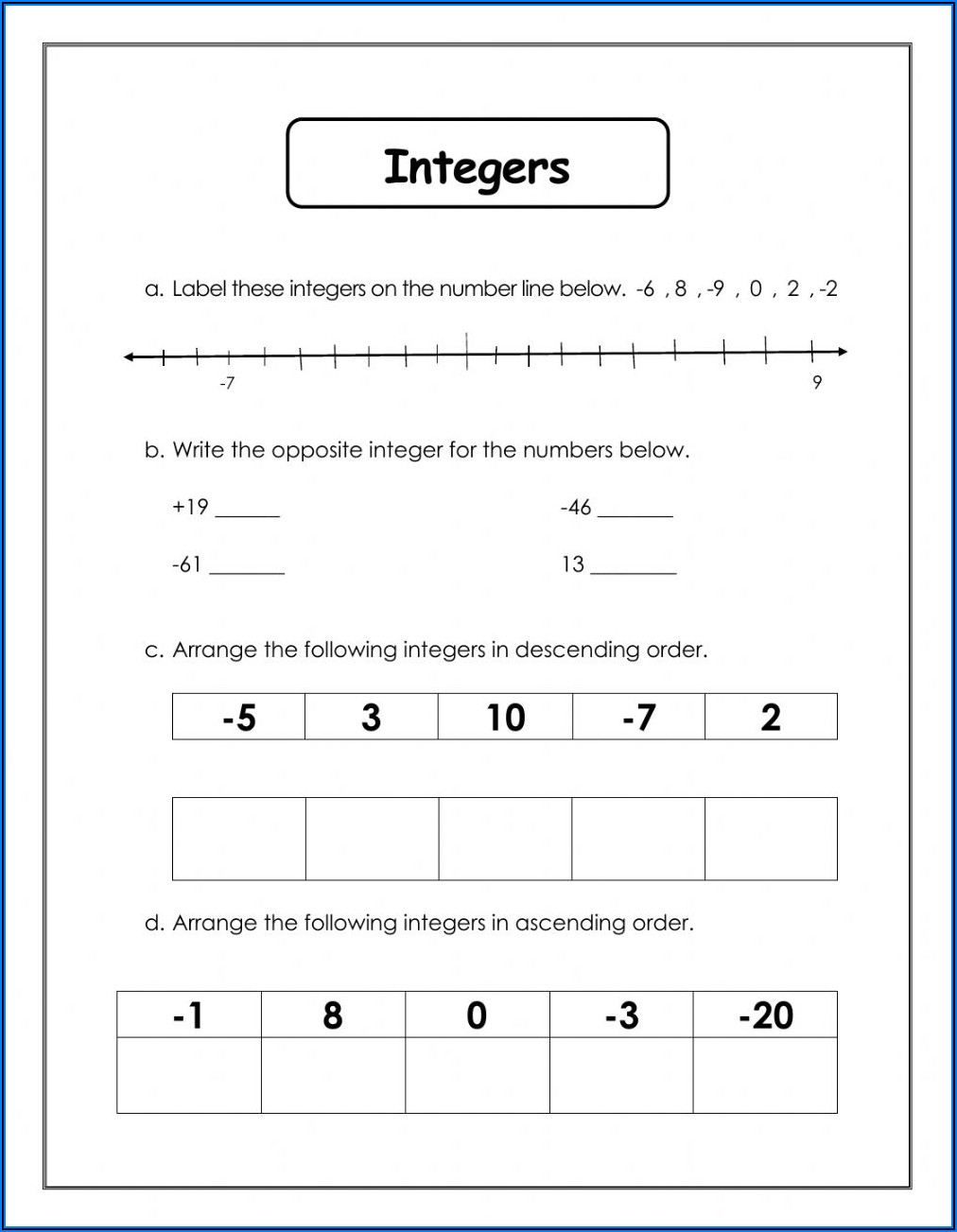 Negative Numbers Worksheet 6th Grade