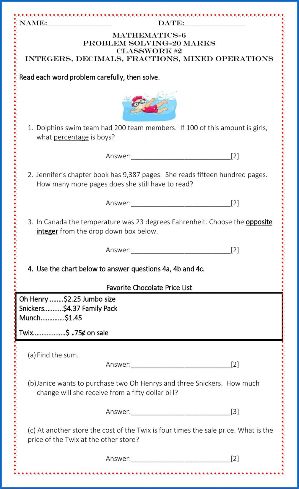 Operations With Decimals Word Problems Worksheet