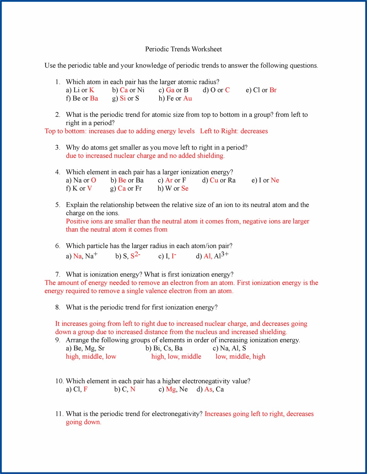 Periodic Table Packet Worksheet Answers