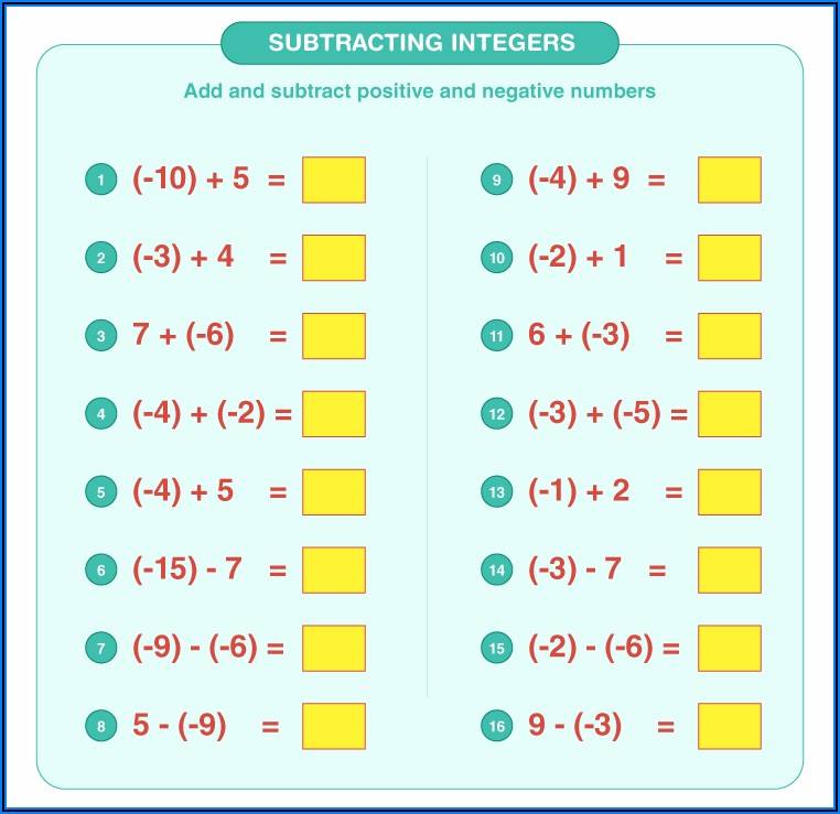 Positive And Negative Numbers Worksheet Grade 6