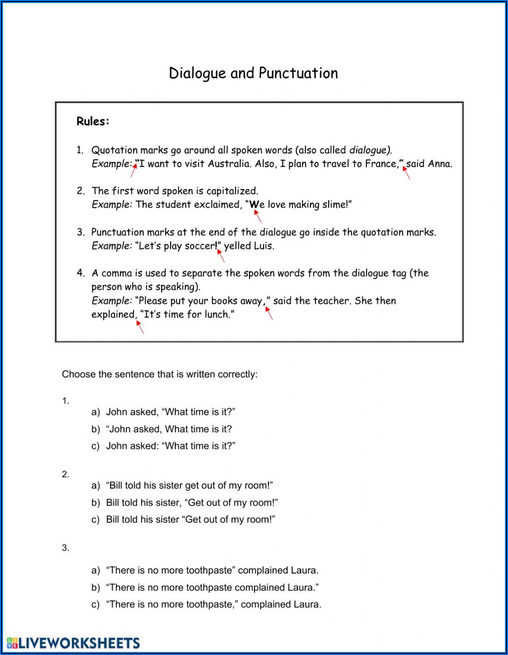 Punctuating Dialogue Worksheet 3rd Grade