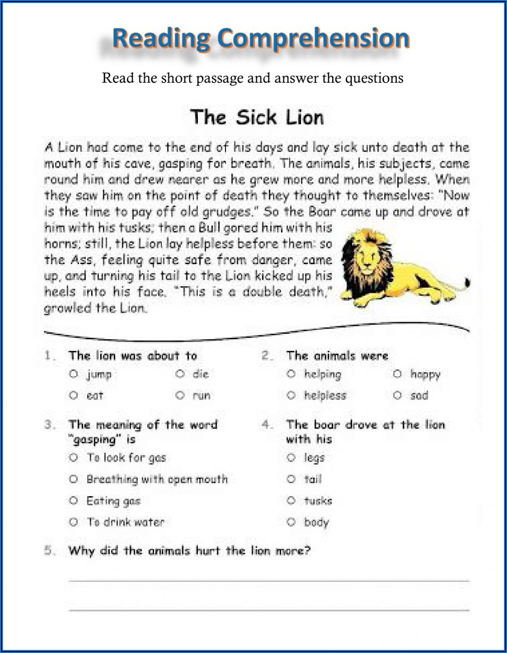 Reading Comprehension Worksheets For Grade 5 With Answers Pdf
