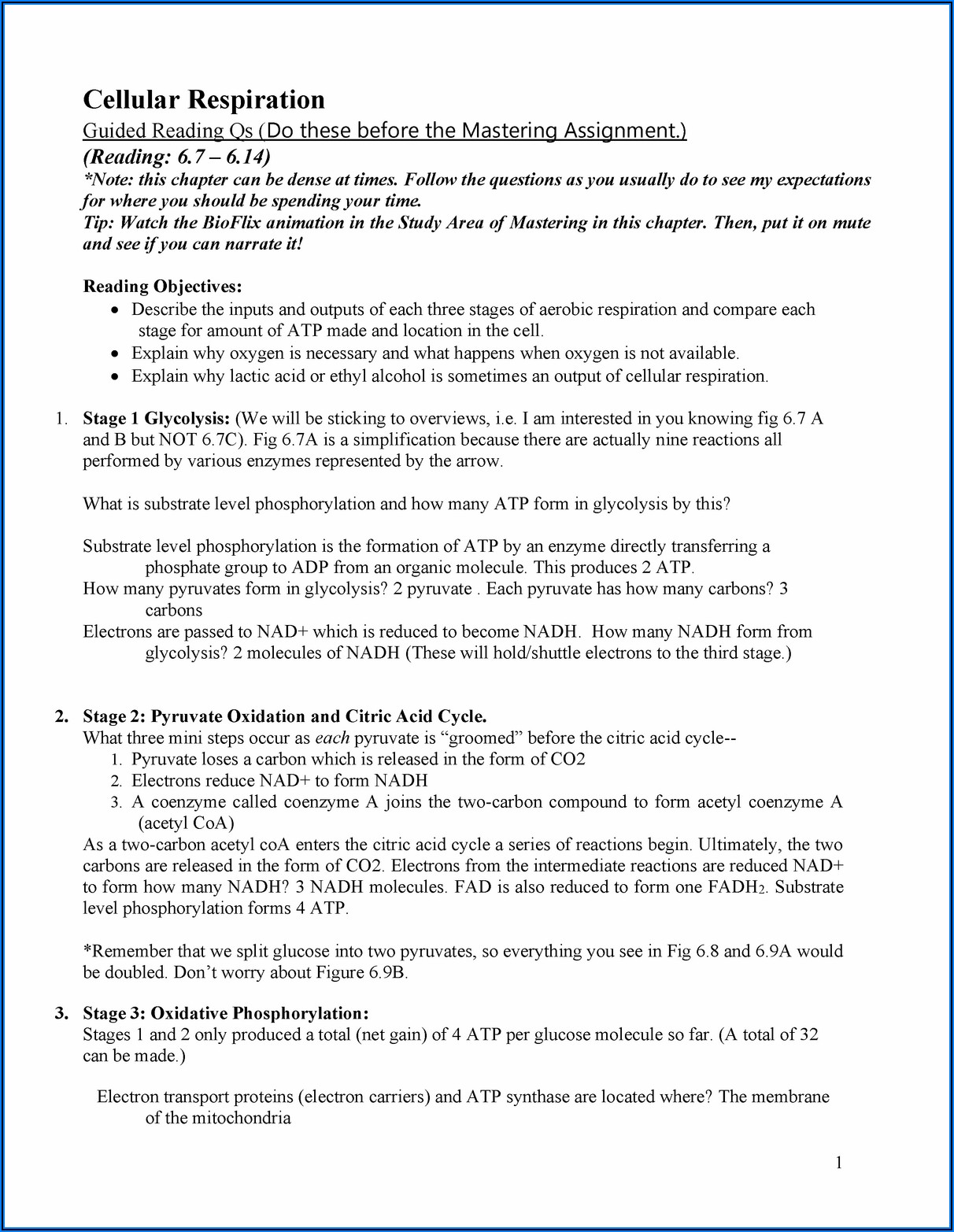 Skills Worksheet Active Reading Cellular Respiration Answers