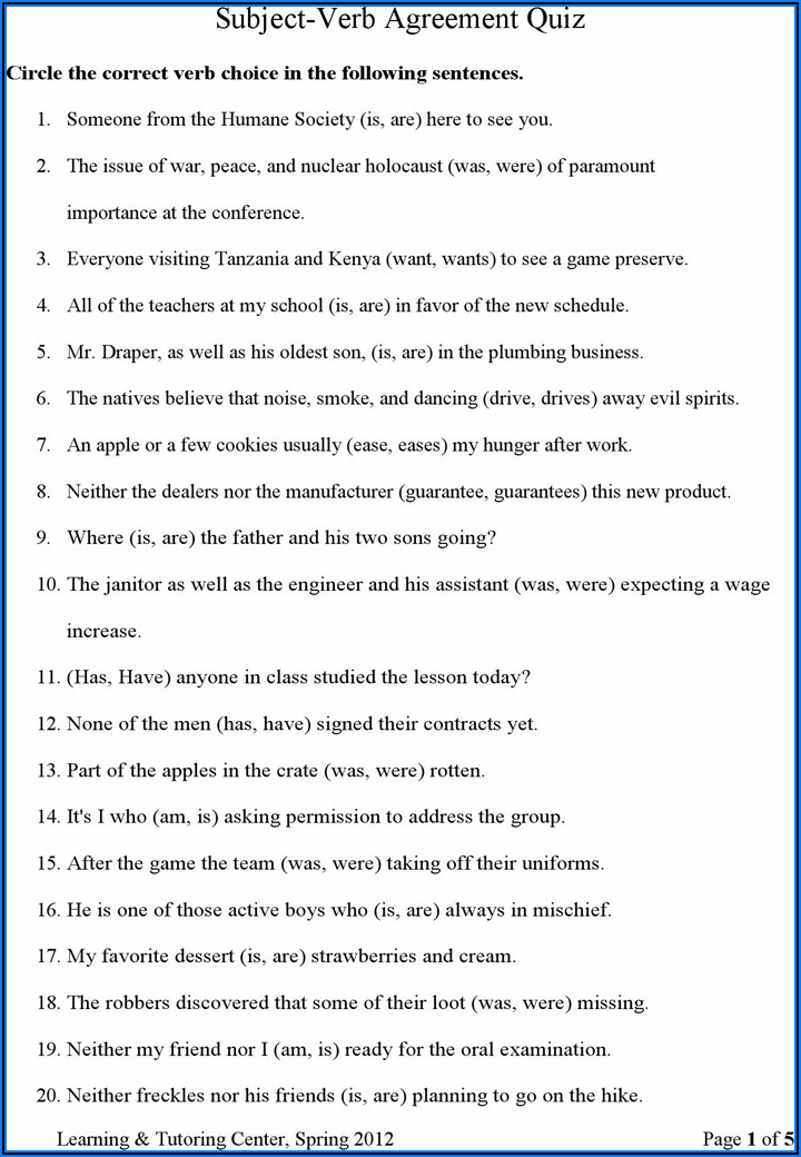 Subject Verb Agreement Online Test For Class 8