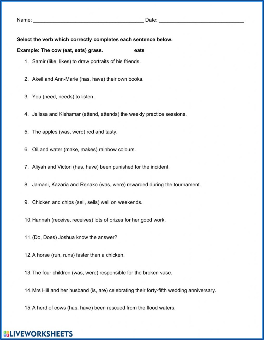Subject Verb Agreement Online Test For Class 9