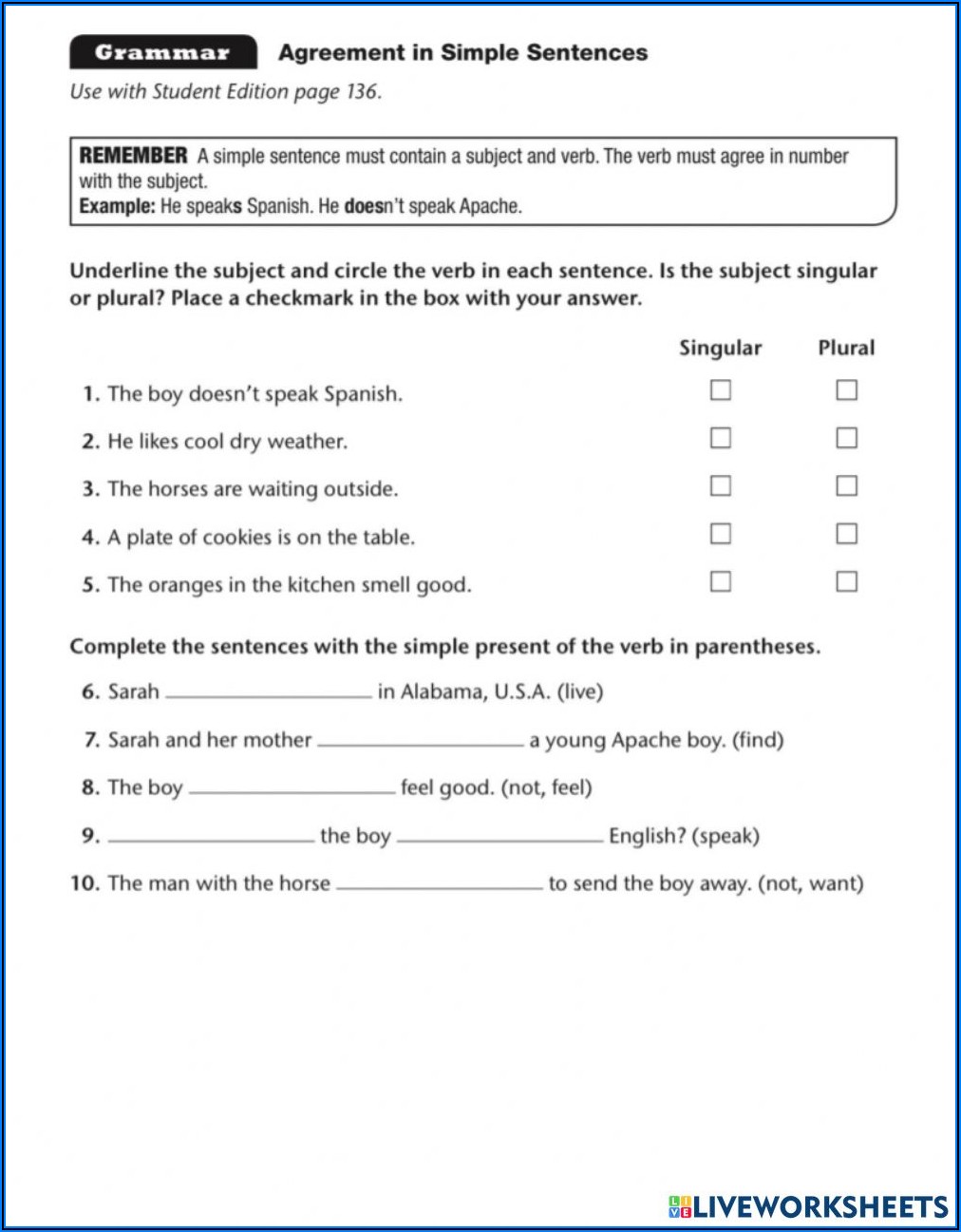 Subject Verb Agreement Worksheet Grade 6