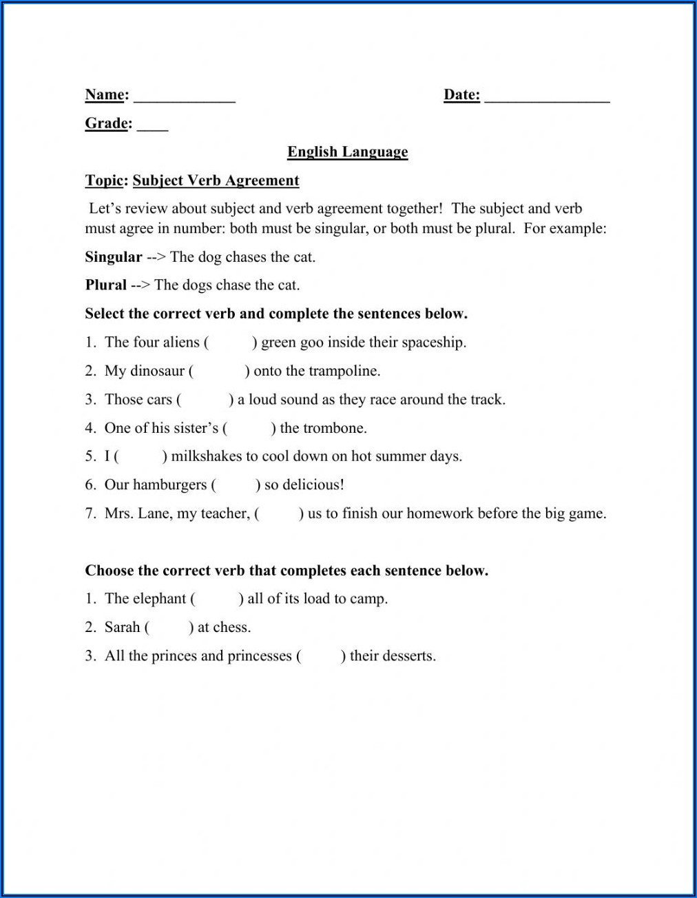 Subject Verb Agreement Worksheets For Grade 6 With Answers Pdf