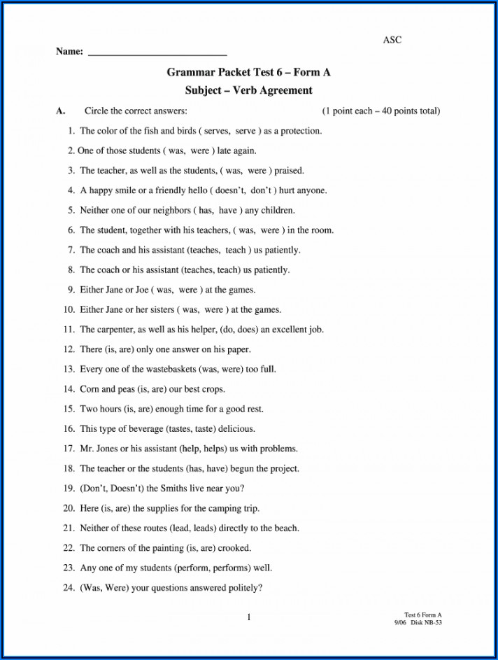 Subject Verb Agreement Worksheets With Answers Pdf