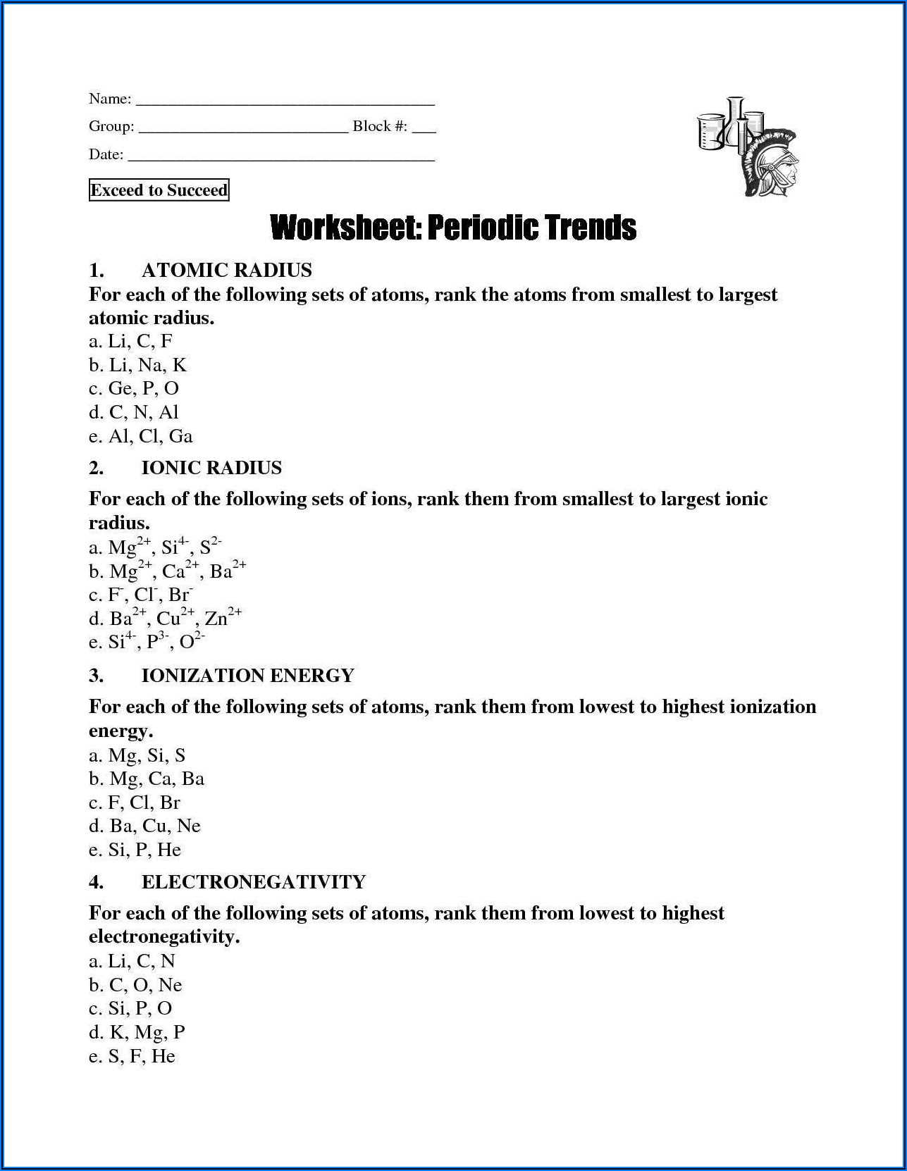 Trends In The Periodic Table Chemistry Worksheet Answers