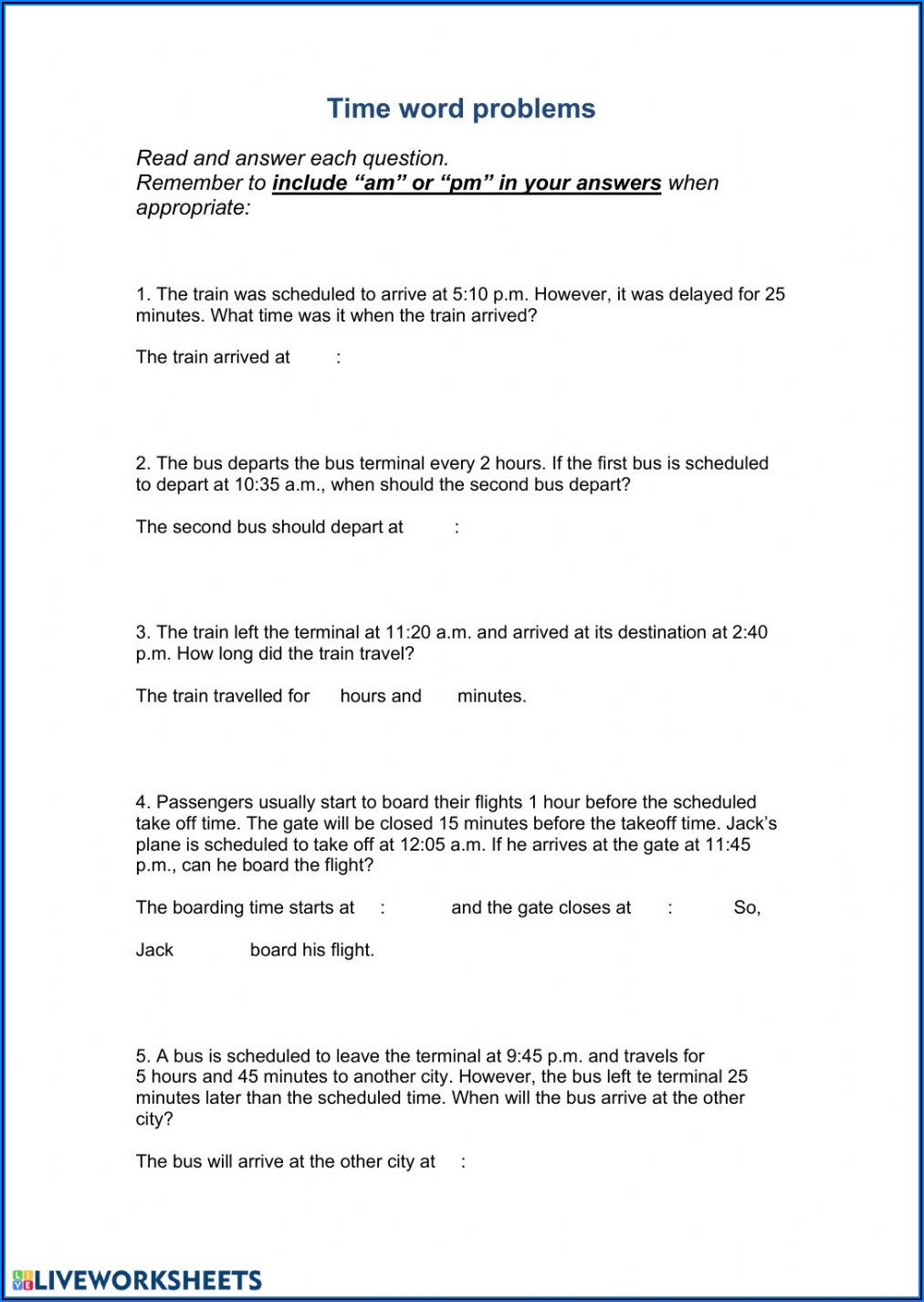 Word Problems Involving Time Worksheets