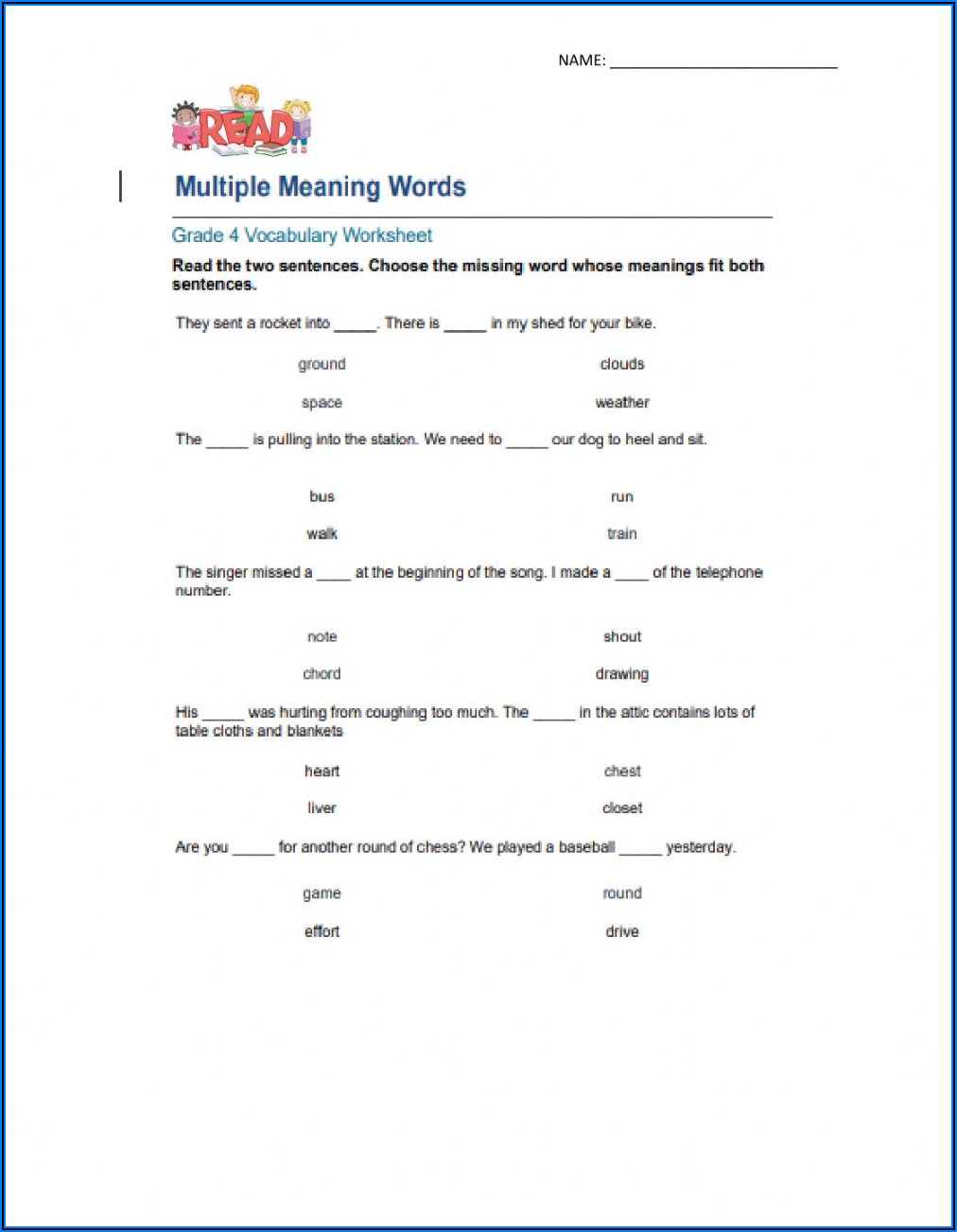 Words With Multiple Meanings Worksheet Grade 4 Pdf