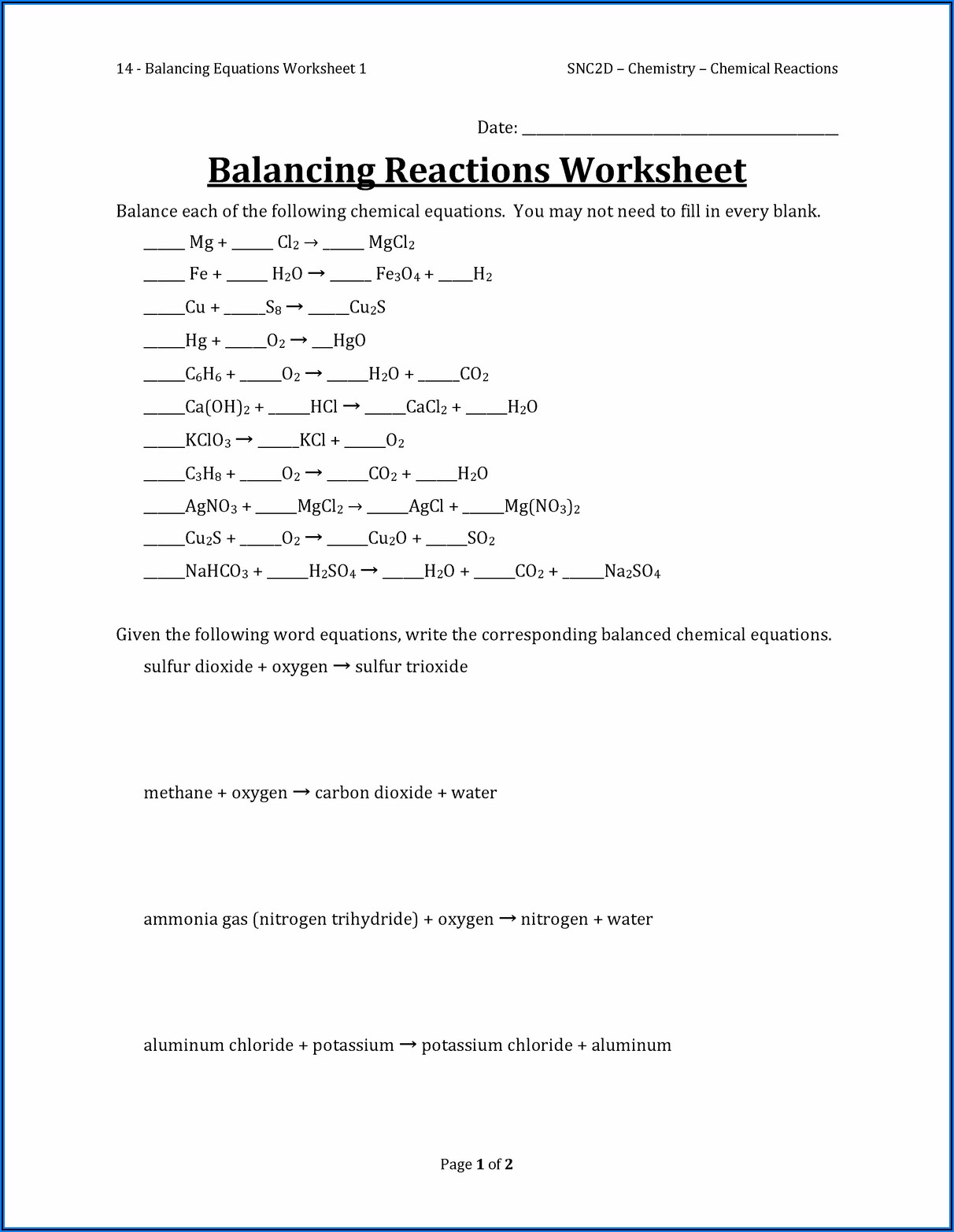 Worksheet 1 Word And Skeleton Equations Answers
