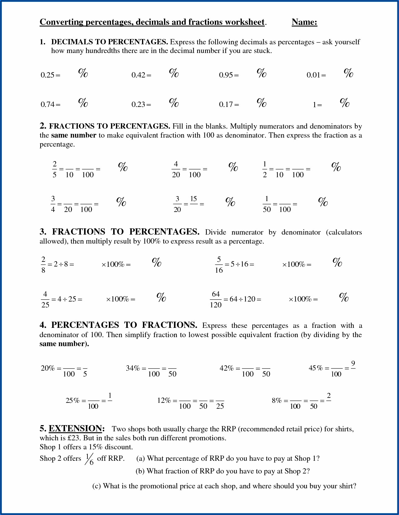 Worksheet Converting Fractions To Percentages
