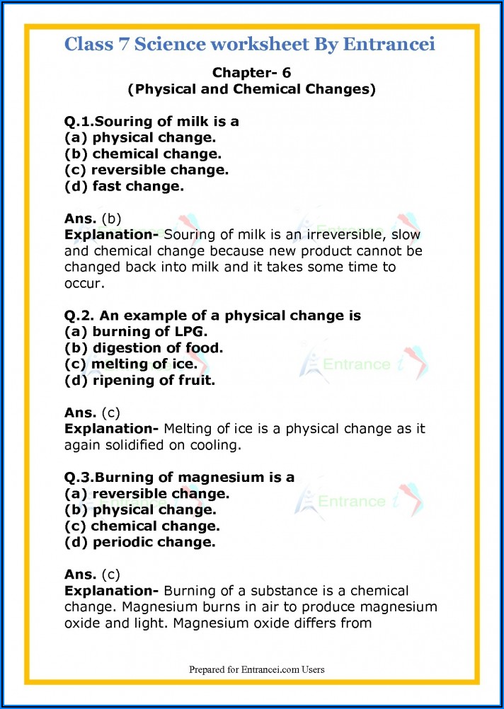 Worksheet For Class 7 Science Physical And Chemical Changes