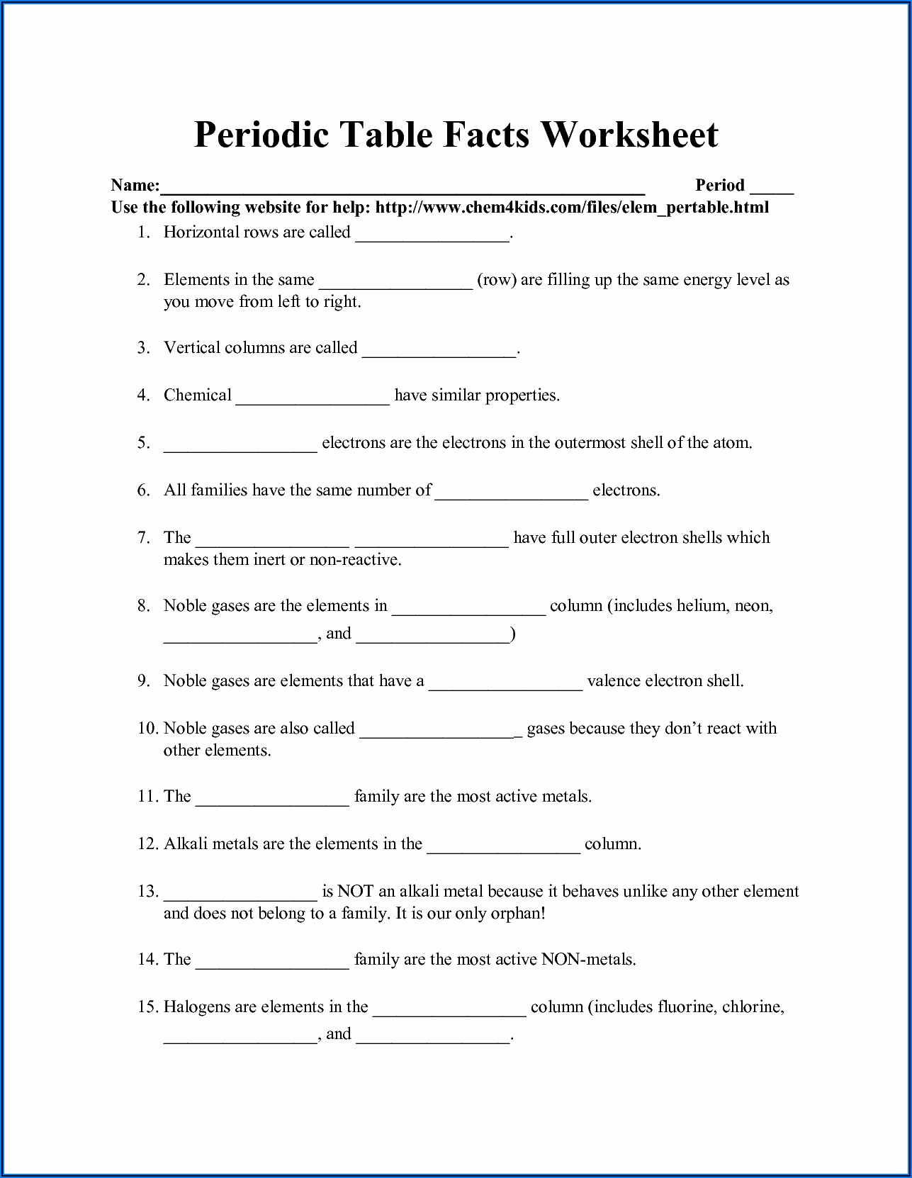 Worksheet For Periodic Table Of Elements