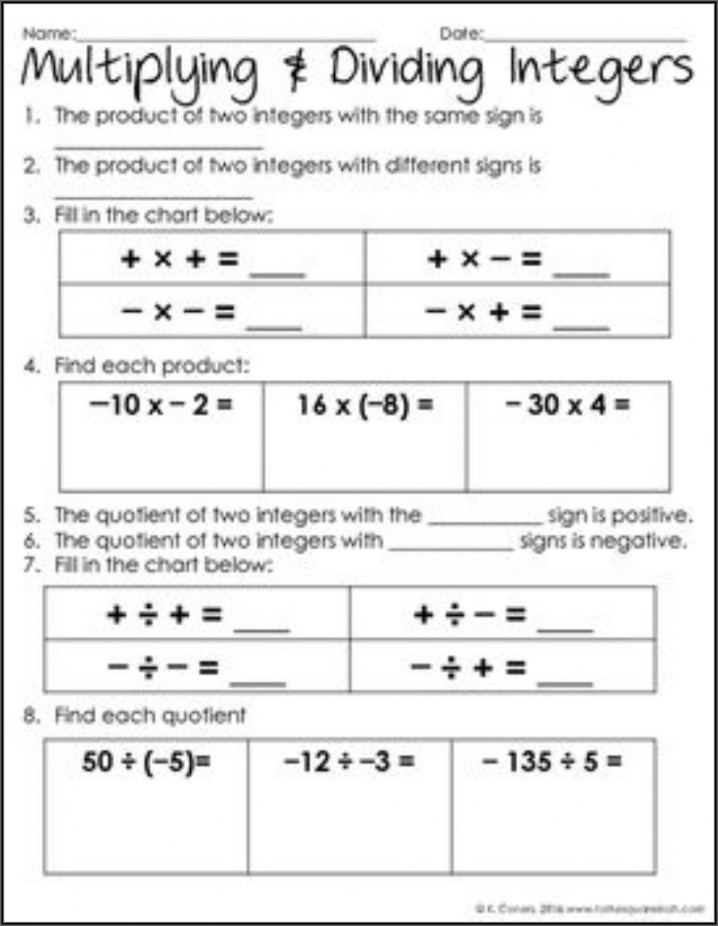 Worksheet Multiplication And Division Of Integers