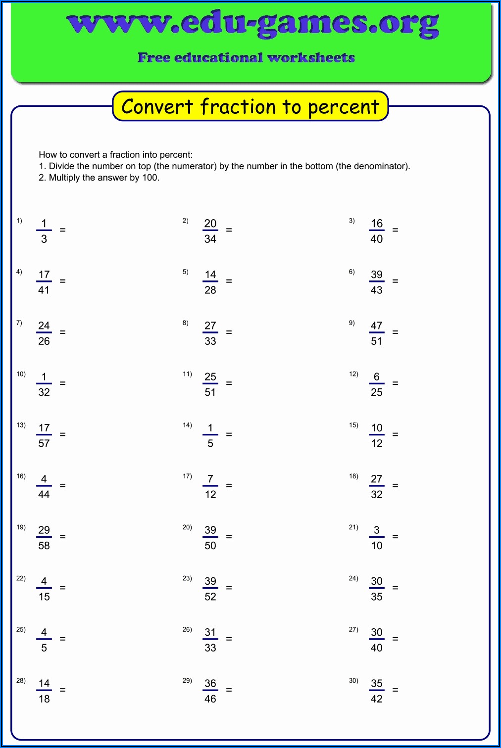 Worksheet On Changing Fractions To Percentages