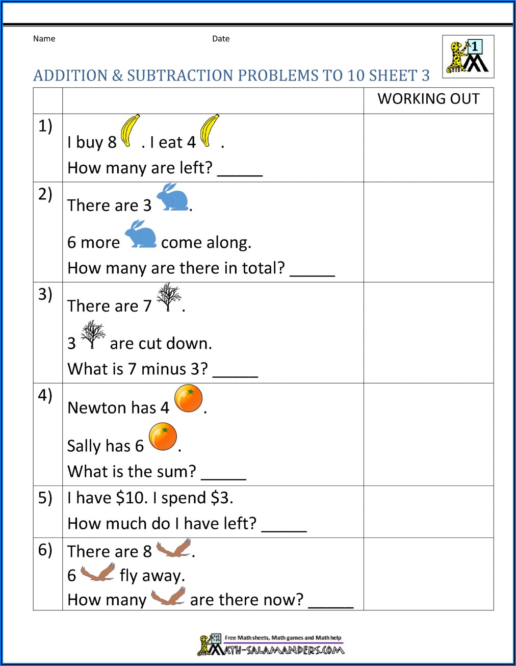 Worksheet On Word Problems On Addition And Subtraction For Grade 1
