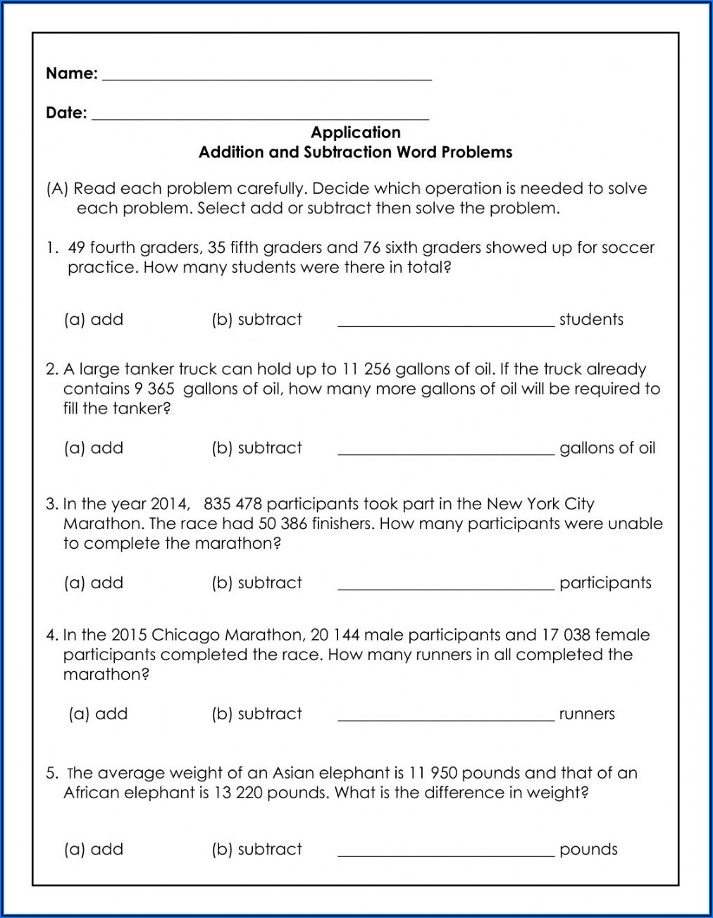 Worksheet On Word Problems On Addition And Subtraction For Grade 4