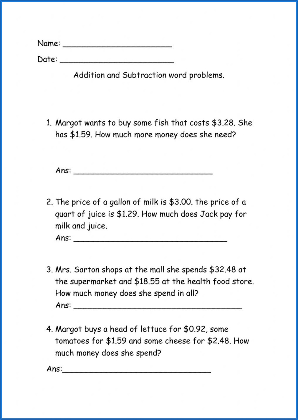 Worksheet Word Problems Addition And Subtraction