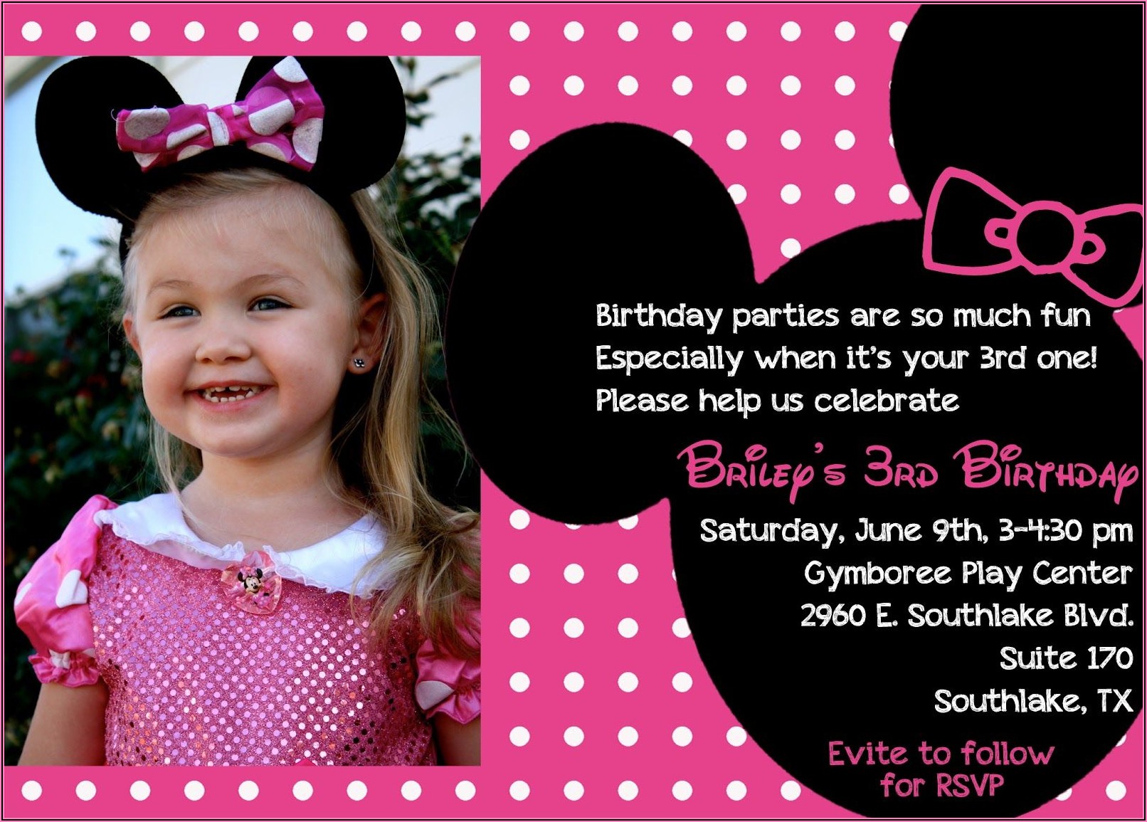 Minnie Mouse 3rd Birthday Invitation Wording
